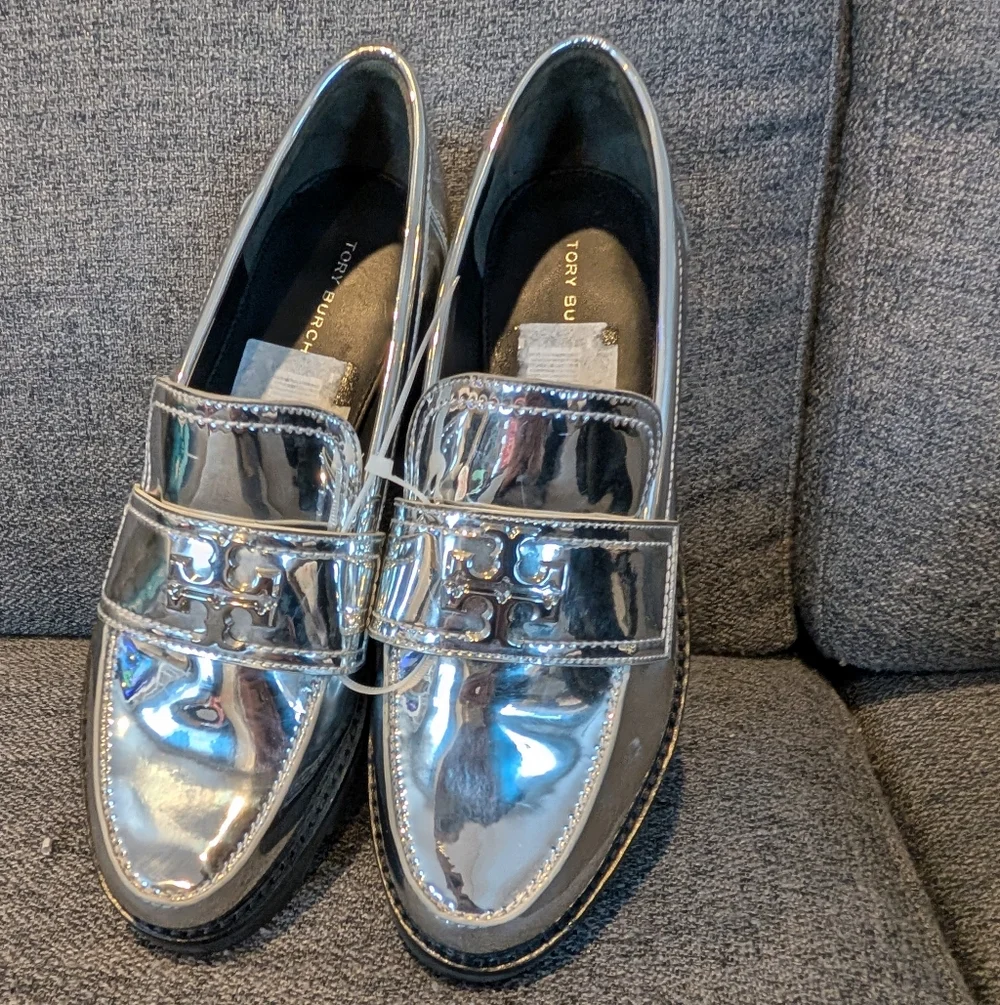 Tory Burch Silver Metallic Lug Sole Loafers